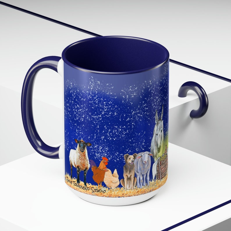 First Barnyard Christmas Mug Nativity Scene with Animals Christ Child Born in a Manger Shepherds Wise Men and Angels Bethlehem Star image 2