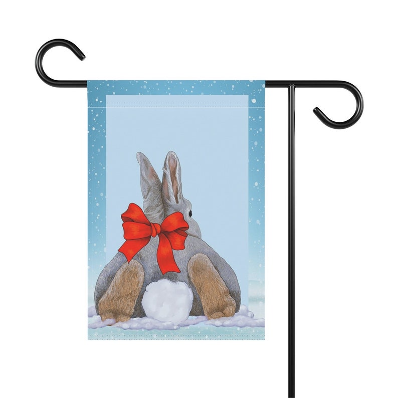 Bunny Wearing a Big Red Bow for the Holidays Bunny in the Snow Yard Flag Welcome Bunny Garden Banner Cute Holiday Flag for your home image 4
