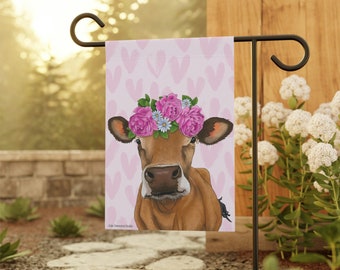 Cutest Spring Cow Flag You will Find - Sweet Jersey Cow with a Wreath of Roses - Valentines Day Decorations for the Home - Welcome Banner