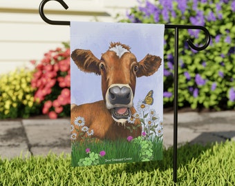 Adorable Cow Garden Flag or Front Porch House Banner - Welcome Spring Flowers and Butterflies - Cutest Yard on the Block - Moms Day Gift