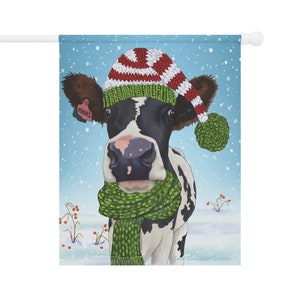 Holstein Cow Christmas Flag Wearing a red and green elf style stocking cap and scarf Add color and cheer to your yard this whole season image 6