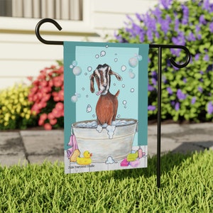 Goat Summer Garden Flag - Vintage Wash Tub Bubble Bath - Summer Yard Decoration - Cute Goat Pool Flag - Adorable Backyard Decor - Porch Flag