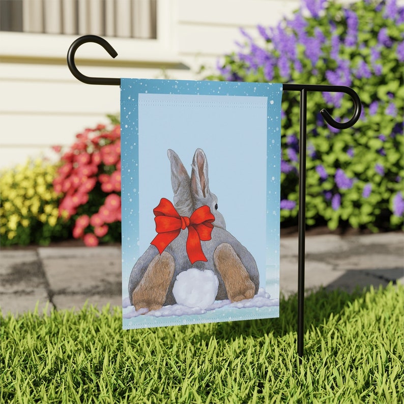 Bunny Wearing a Big Red Bow for the Holidays Bunny in the Snow Yard Flag Welcome Bunny Garden Banner Cute Holiday Flag for your home image 2