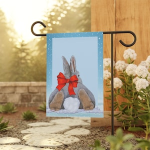 Bunny Wearing a Big Red Bow for the Holidays Bunny in the Snow Yard Flag Welcome Bunny Garden Banner Cute Holiday Flag for your home image 1