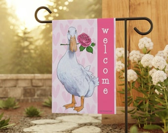 Valentine Duck Garden Flag and House Banner - Pink Roses and White Duck - Welcome Banner - Cute Farm Flag for your Front Porch or Garden