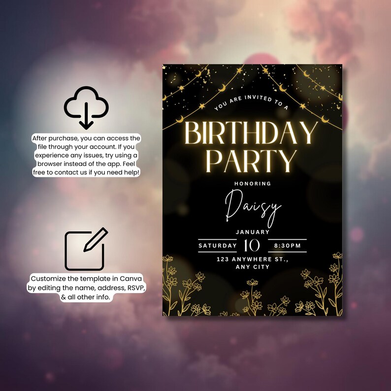 Elegant Black & Gold Birthday Invitation Template | Canva Editable ...