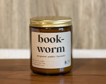 Bookworm | 9 oz Soy Wax Candle, 100% Soy Wax Candle, Natural Candle, Non-Toxic Candle, 9 oz Candle, Amber Jar Candle, Candles