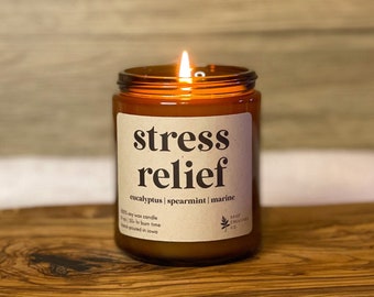 Stress Relief | 9 oz 100% Soy Wax Candle, Natural Candle, Non-Toxic Candle, Amber Jar Candle, Aromatherapy Candle, Eucalyptus Candle, Candle