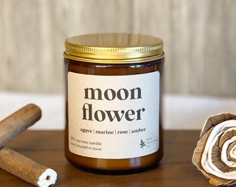 Moon Flower | 9 oz Soy Wax Candle, 100% Soy Wax Candle, Natural Candle, Non-Toxic Candle, 9 oz Candle, Amber Jar Candle, Candles