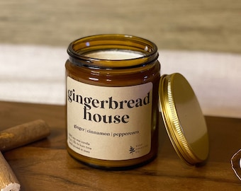 Gingerbread House | 9 oz 100% Soy Wax Candle, Natural Candle, Non-Toxic Candle, Amber Jar Candle, Christmas Candle, Winter Candle, Holiday