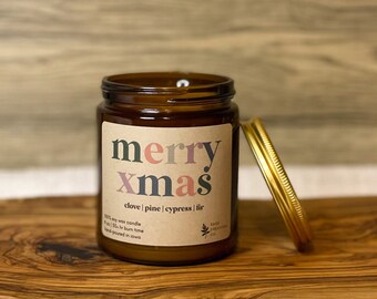 Merry Xmas | 9 oz Soy Wax Candle, 100% Soy Wax Candle, Natural Candle, Non-Toxic Candle, Amber Jar Candle Christmas Candle Winter Candle
