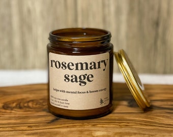 Rosemary Sage | 9 oz 100% Soy Wax Candle, Natural Candle, Non-Toxic Candle, Amber Jar Candle, Aromatherapy Candle, Eucalyptus Candle, Candle