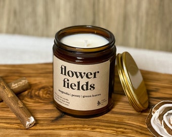 Flower Fields | 9 oz Soy Wax Candle, 100% Soy Wax Candle, Natural Candle, Non-Toxic Candle, 9 oz Candle, Amber Jar Candle, Candles