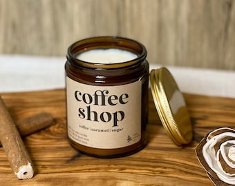 Coffee Shop | 9 oz Soy Wax Candle, 100% Soy Wax Candle, Natural Candle, Non-Toxic Candle, 9 oz Candle, Amber Jar Candle, Candles