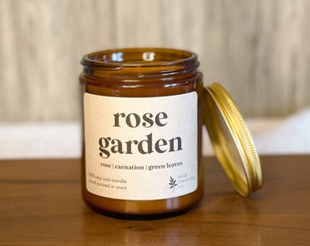 Rose Garden | 9 oz Soy Wax Candle, 100% Soy Wax Candle, Natural Candle, Non-Toxic Candle, 9 oz Candle, Amber Jar Candle, Candles