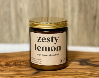 Zesty Lemon | 9 oz Soy Wax Candle, 100% Soy Wax Candle, Natural Candle, Non-Toxic Candle, 9 oz Candle, Amber Jar Candle, Candles