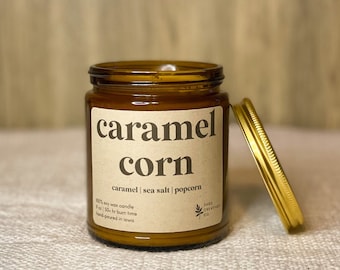 Caramel Corn | 9 oz Soy Wax Candle, 100% Soy Wax Candle, Natural Candle, Non-Toxic Candle, 9 oz Candle, Amber Jar Candle, Fall Candles