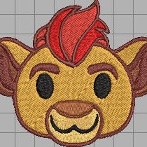 May include: A cartoon lion face with a red mane, brown ears, and yellow fur. The lion has large, black eyes and a small, brown nose.
