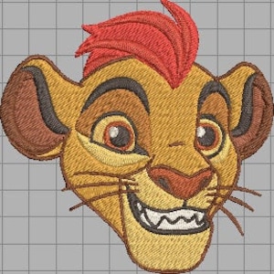 Puede incluir: Una ilustración de dibujos animados de un cachorro de león con una melena roja, orejas marrones y una cara amarilla. El cachorro de león está sonriendo con la boca abierta, mostrando sus dientes.