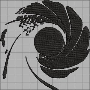 May include: Black embroidered design featuring a circular element surrounded by curved, petal-like shapes. The design includes a central circle and several elongated, curved lines, all on a gray grid background. The embroidery has a textured appearance.