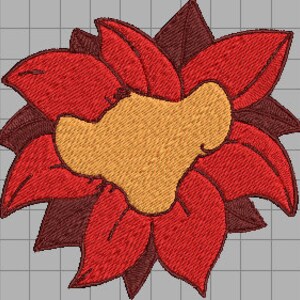 May include: A red and orange embroidered patch featuring a lion's face inside a flower.