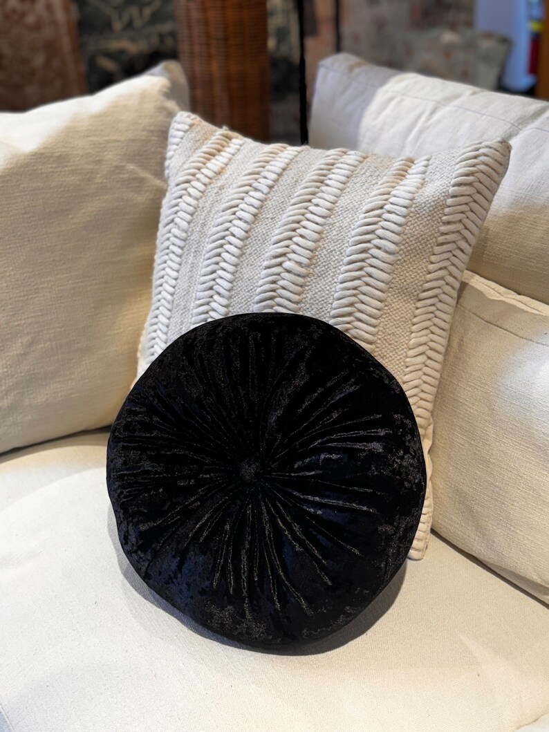 Black Velvet Round Soft Pillow Decorative Circle Cushion Boho Pillow image 3