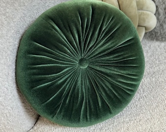 Green Velvet Round Throw Pillow: Solid Cotton Cushion (12" Diameter)