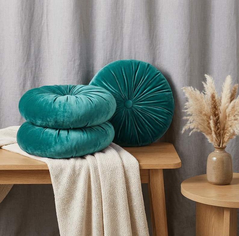 Turquoise Velvet Round Pillow: Decorative Throw Cushion(12” Diameter)