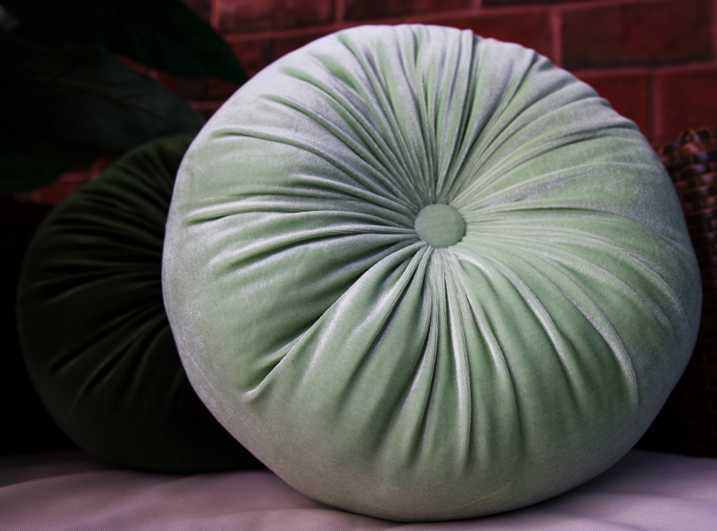 Round Velvet Cushion Blush Green Etsy