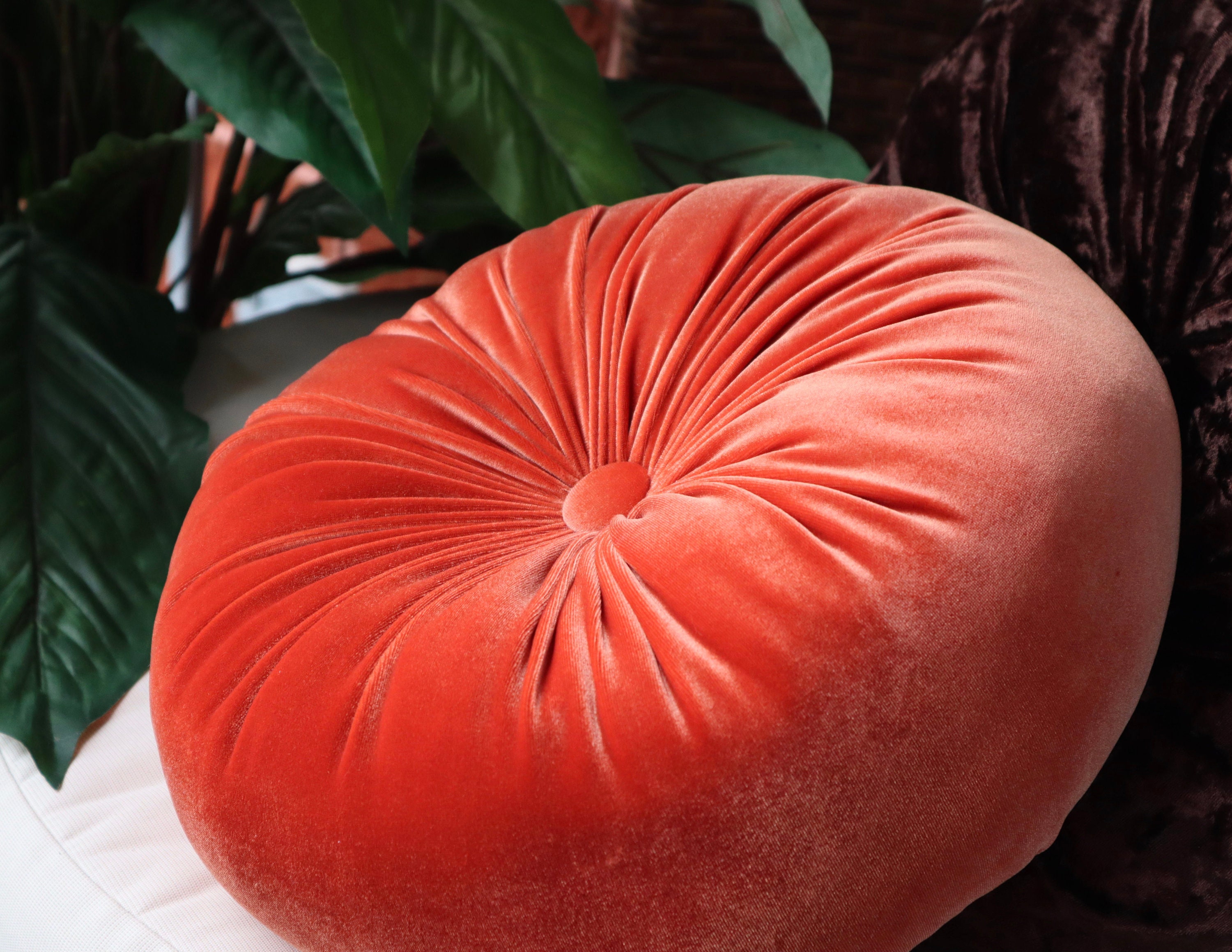 Velvet Round Orange Cushion Solid Round Pillow Velvet Throw
