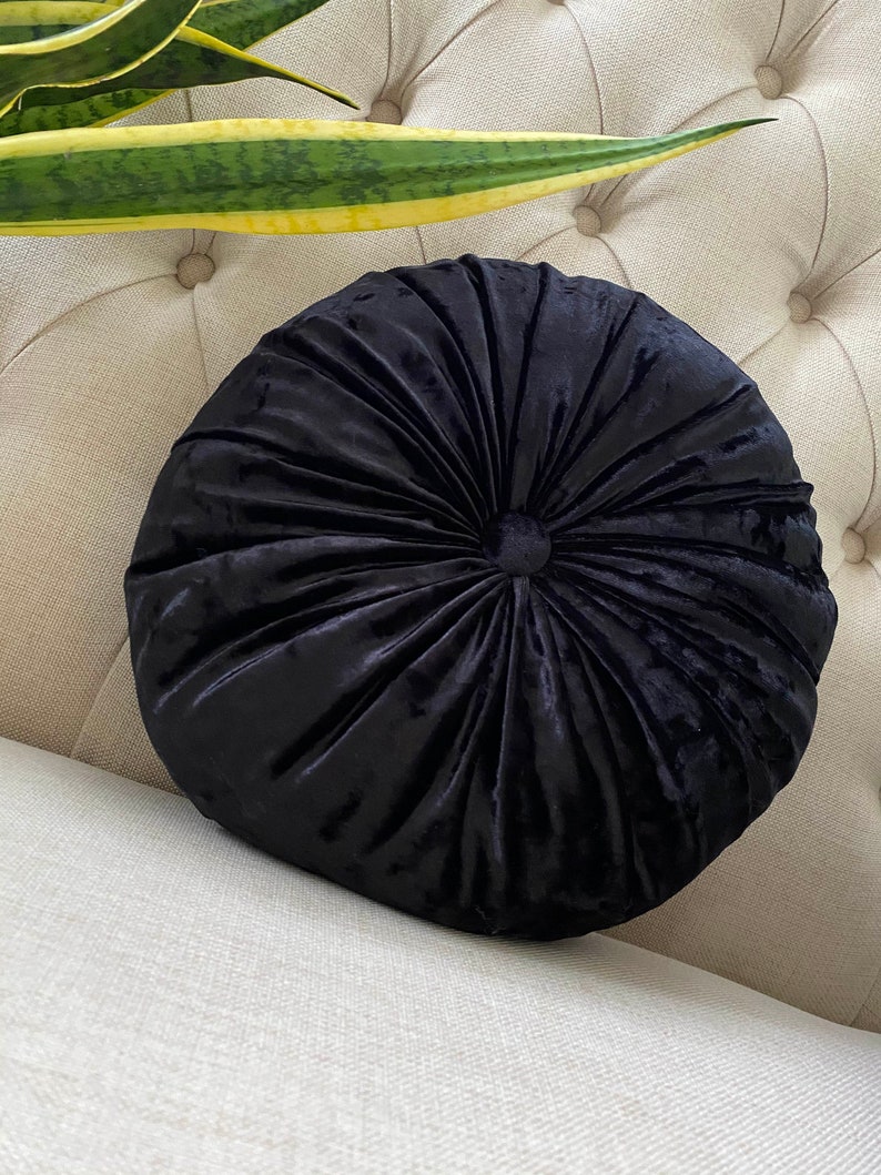 Crushed Black Velvet Round Soft Pillow Decorative Circle