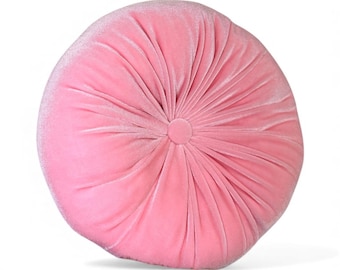 Flamingo Pink Velvet Round Pillow: Button-Tufted Decorative Cushion 12" diameter
