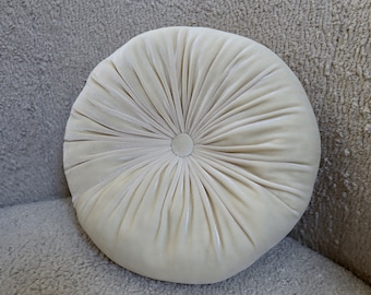 Cream Round Tufted Velvet Pillow | 12” Handmade Decorative Throw Pillow | Ivory Accent Pillow | Luxury Round Pillow