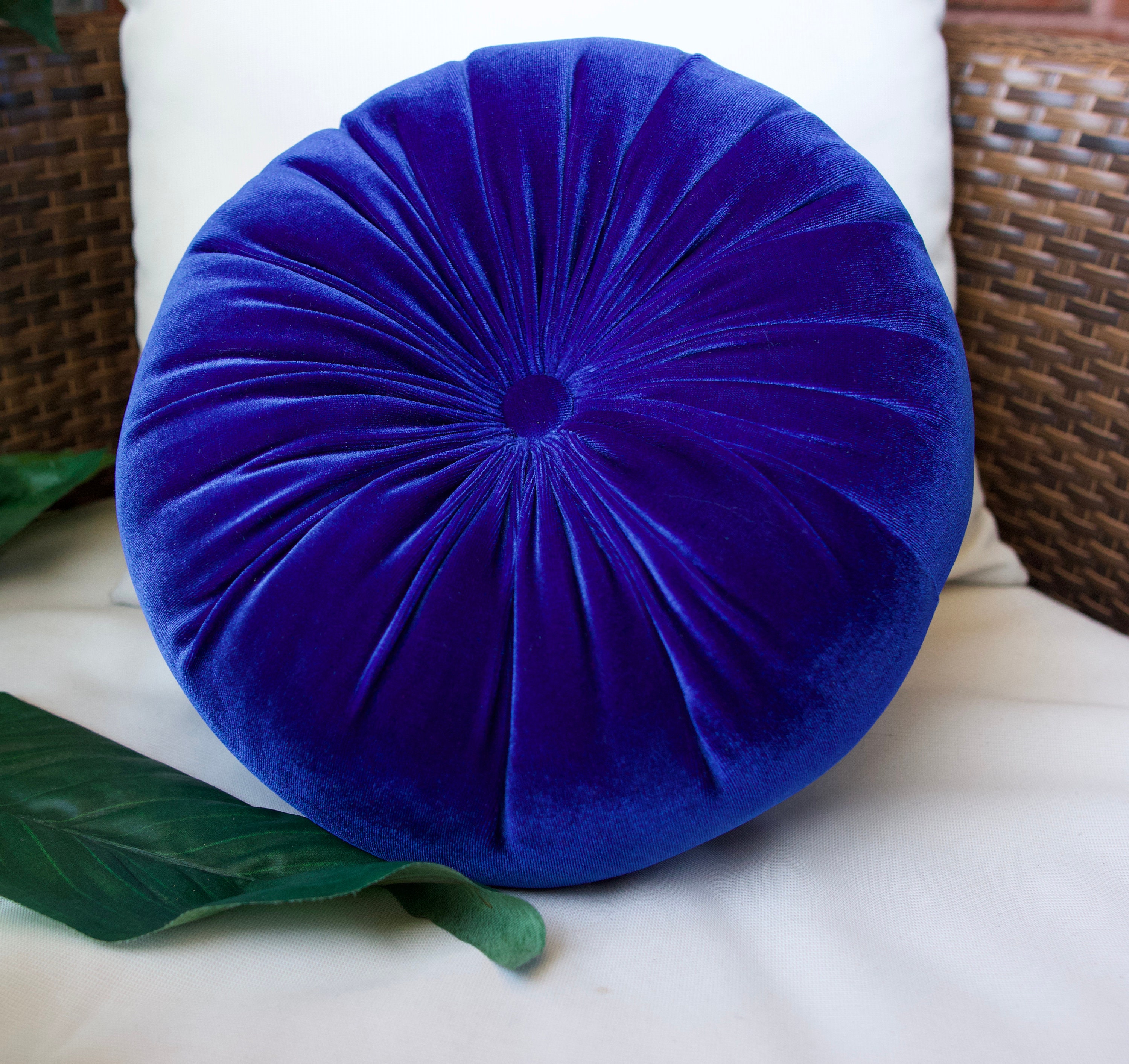 Blue Velvet Round Soft Pillow Decorative Circle Cushion Boho Etsy
