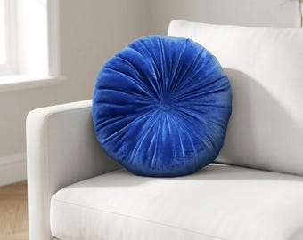 Blue Velvet Round Soft Pillow Decorative Circle Cushion Boho Pillow -(12"Diameter)