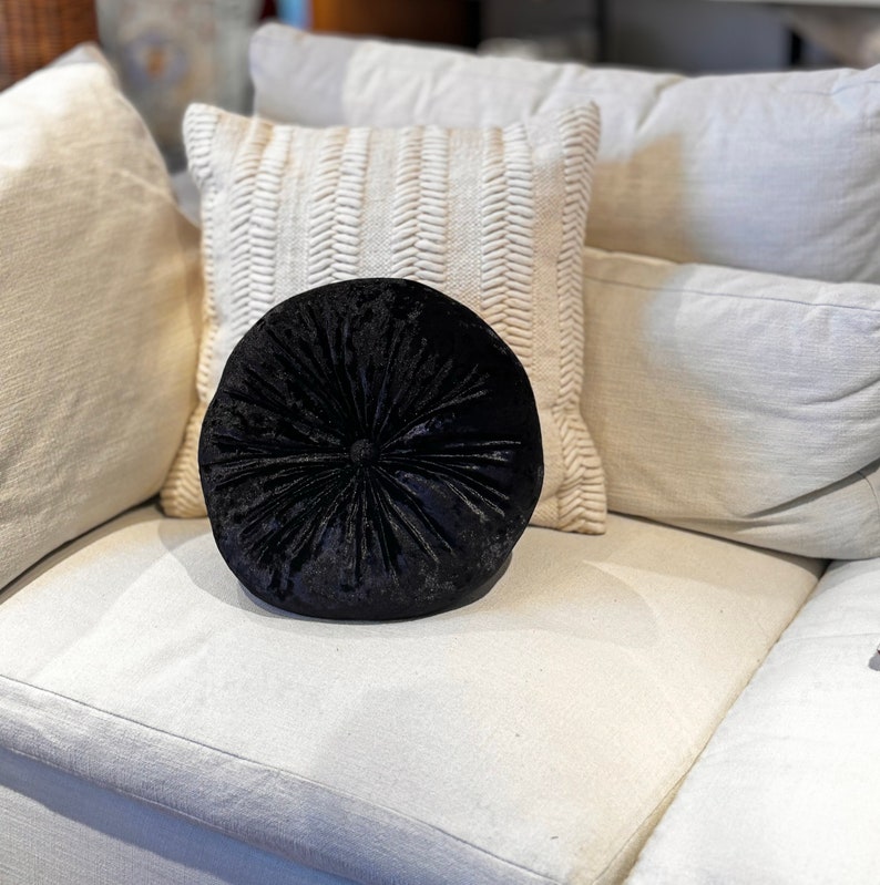 Black Velvet Round Soft Pillow Decorative Circle Cushion Boho Pillow image 2