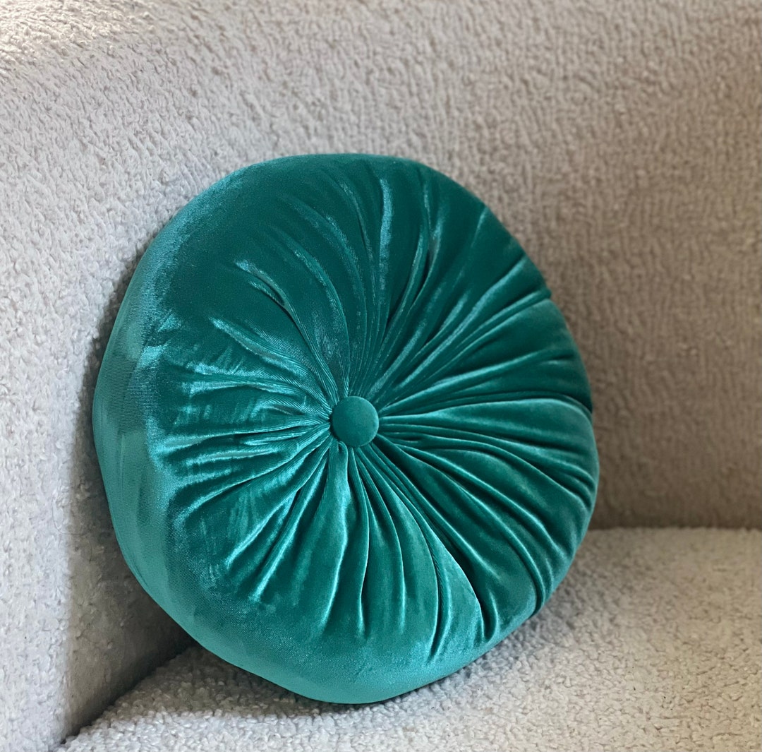 Velvet Round Turquoise Cushion, Velvet Solid Round Pillow, Velvet Throw