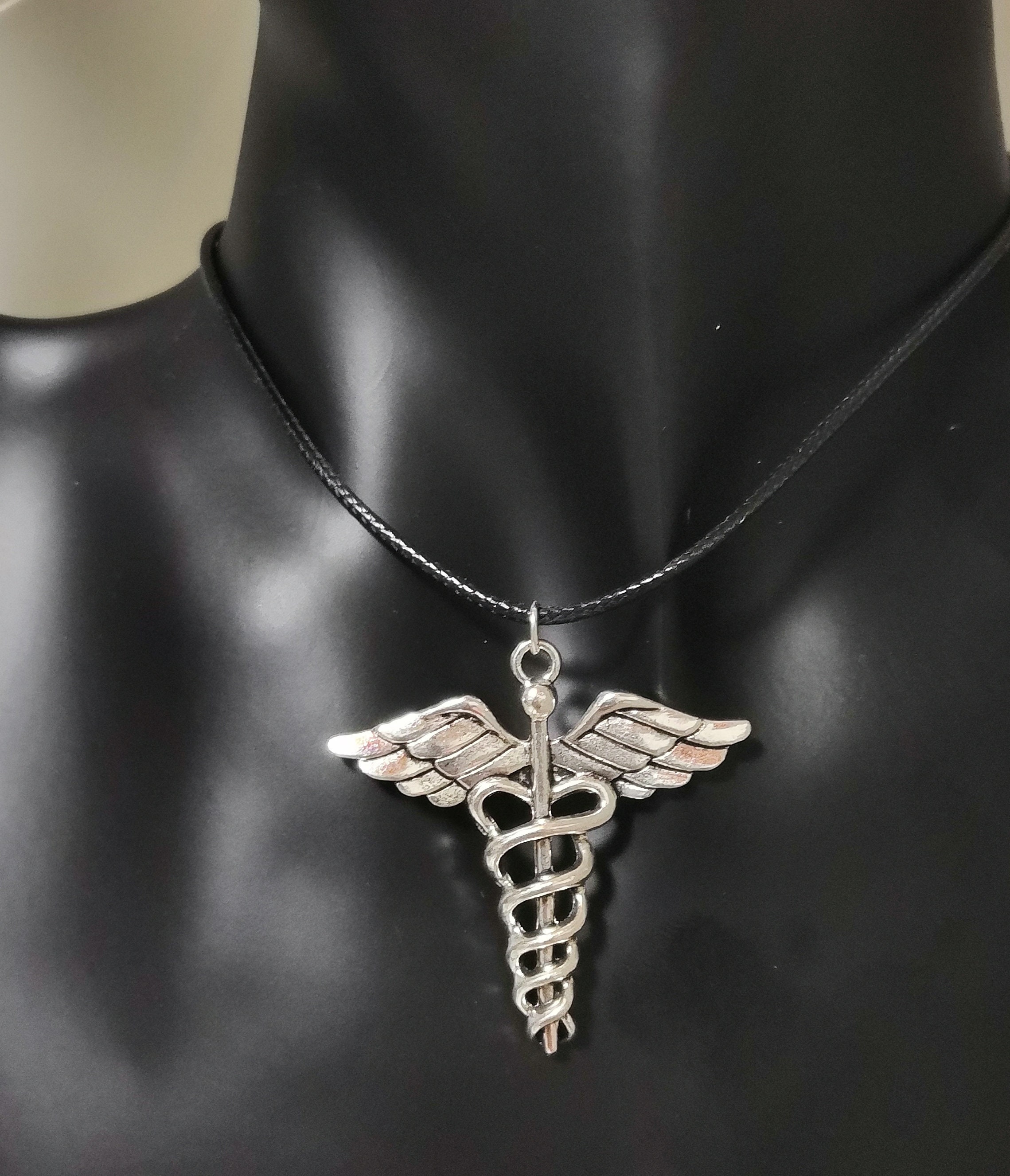 HERMES ネックレス neckrace-selle-slv Amazon.com: Tioneer Black Stainless Steel Caduceus Staff of
