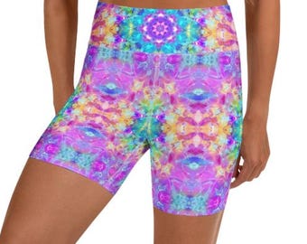 Psychedelic Kaleidoscope Yoga Shorts – Colorful Rave Festival Bottoms, Trippy Mandala Activewear, Boho EDM Workout Shorts
