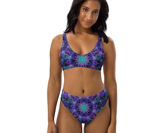 Purple Psychedelic Kaleidoscope Bikini Set | Recycled Polyester Rave Swimwear with Removable Padding, Double-Layered Beach & Pool Outfit
