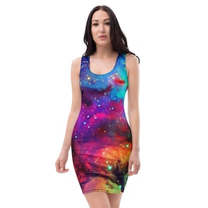 Galaxy Dress | Cosmic Star Print Festival Dress | Trippy Space Dress | Psychedelic Universe Party Dress | Rave Outfit for Women