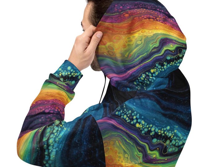 Featured listing image: Unisex Rainbow Paint Splash Hoodie, Vibrant Printed Sweatshirt, Soft Brushed Fleece, Relaxed Fit, Eco-Friendly Polyester Spandex Blend
