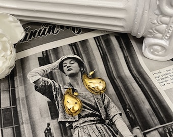 Chunky Gold Tone Tear Drop Earrings, Dome Studs