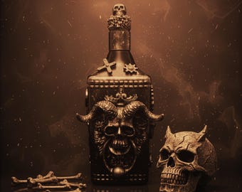 Handmade Steampunk Horror Whiskey Bottle | Gothic Man Cave Decor | Upcycled Skull Art Gift
