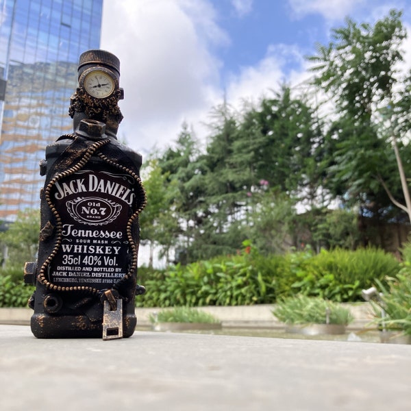 Art Bottle Clock Tower, Hand Decorated Whiskey Glass Bottle, Man Cave, Unique Gift