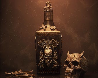 Gothic Steampunk Whiskey Bottle | Bronze Skull Art Decor | Dark Bar Sculpture Gift for Men | Handmade Upcycled Bottle
