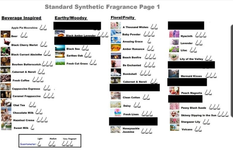Puede incluir: Una p&aacute;gina de una gu&iacute;a de fragancias, "Standard Synthetic Fragrance Page 1", muestra perfiles de fragancias. Las categor&iacute;as son Inspirado en bebidas, Terroso/Amaderado y Floral/Afrutado, con nombres de fragancias e indicadores de intensidad.