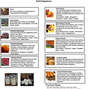 Puede incluir: Una lista de productos de fragancias con tem&aacute;tica oto&ntilde;al. La imagen muestra varias descripciones de aromas, incluyendo "Clove", "Cozy Cottage" y "Cranberry Marmalade". Cada descripci&oacute;n incluye notas de aroma y una breve descripci&oacute;n de la fragancia.