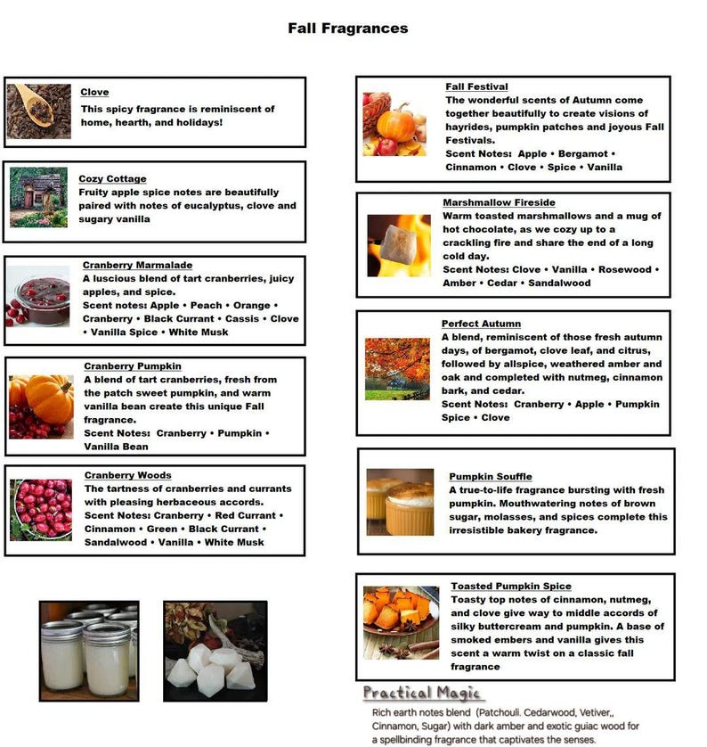 Puede incluir: Una lista de productos de fragancias con tem&aacute;tica oto&ntilde;al. La imagen muestra varias descripciones de aromas, incluyendo "Clove", "Cozy Cottage" y "Cranberry Marmalade". Cada descripci&oacute;n incluye notas de aroma y una breve descripci&oacute;n de la fragancia.