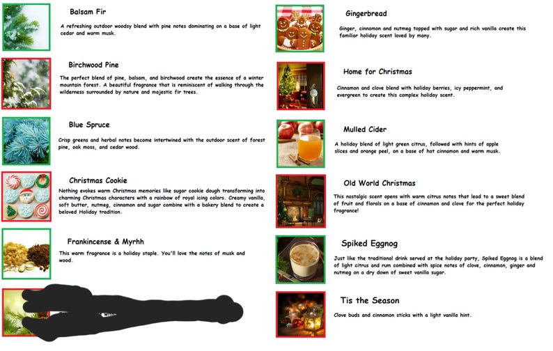 Puede incluir: Una hoja de descripci&oacute;n de producto con texto e im&aacute;genes de aromas navide&ntilde;os. Los aromas incluyen Abeto Bals&aacute;mico, Pan de Jengibre, Pino Abedul, Home for Christmas, Abeto Azul, Sidra Caliente, Galleta de Navidad, Old World Christmas, Incienso y Mirra, Spiked Eggnog y Tis the Season.